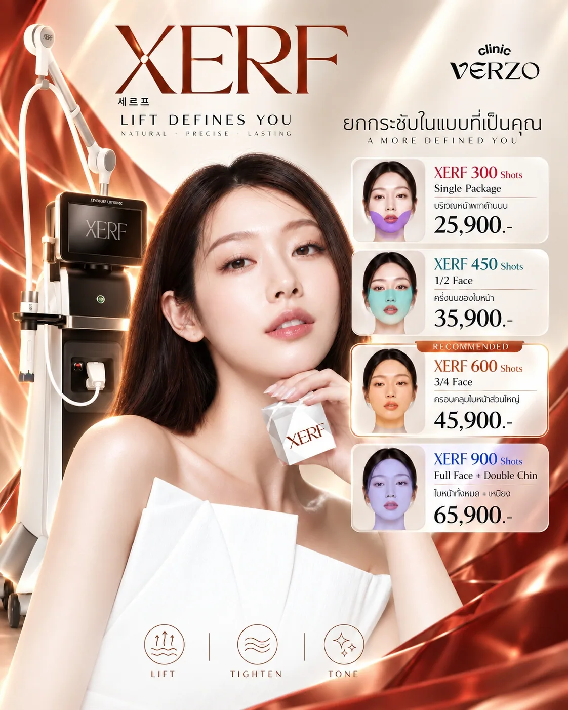XERF campaign poster showing the treatment device on its cart, with four printed package tiers